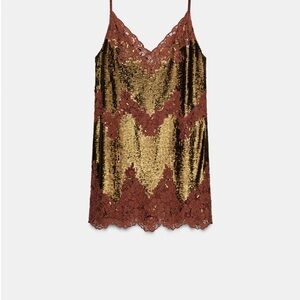 Zara Elegant Gold and Brown Lace Slip Dress